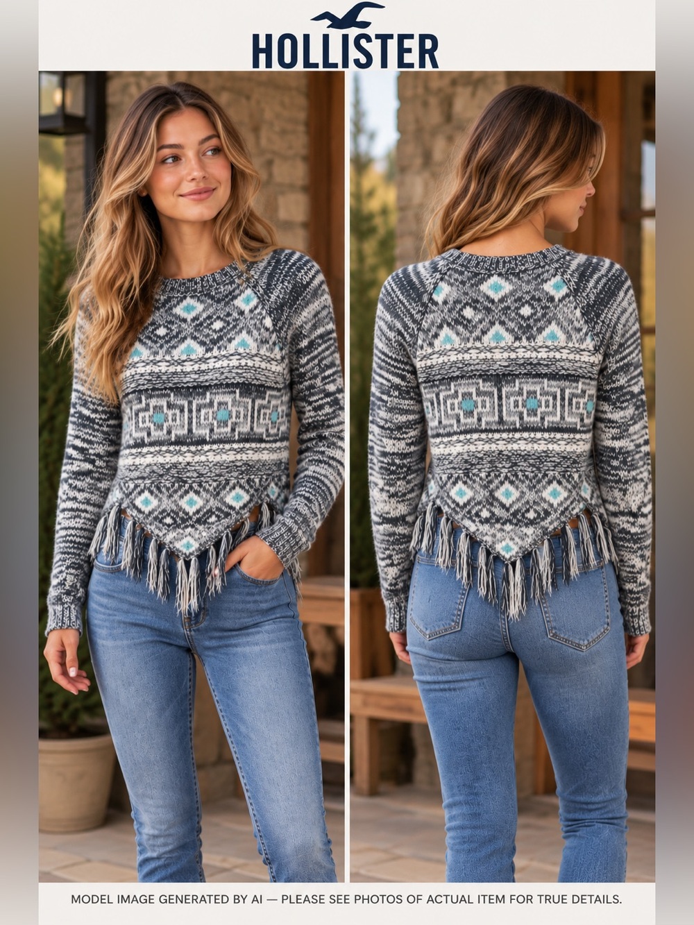 Hollister Fringe Fair Isle Sweater Poncho Hem Boho Western Southwestern Small